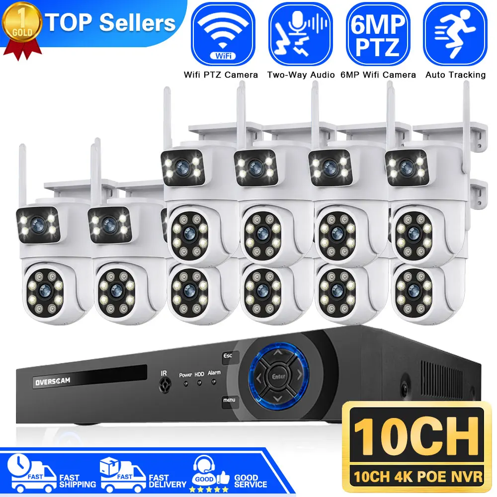 

6MP 3K PTZ Wifi Camera Dual Lens with Dual Screen Human Detect Auto Tracking 4K 10CH NVR Outdoor Surveillance System iCSee App