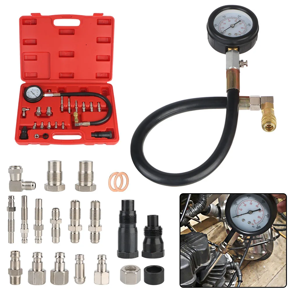 

18PCS TU-15A Gauge Kit Diesel Engine Cylinder Compression Tester Kit Gauge Diagnostic Tools Kit 0-1000Psi Adapter Set