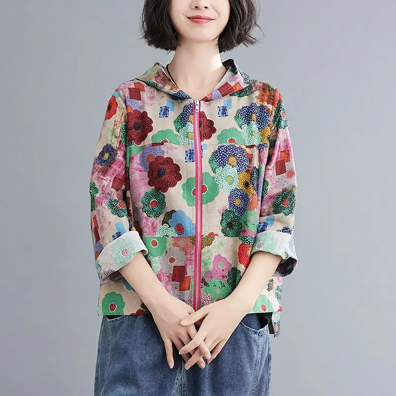 2023 New Spring and Autumn Fashion Literature Retro Exquisite Printing Casual Loose Versatile Hooded Cotton Linen Women\'s Coat