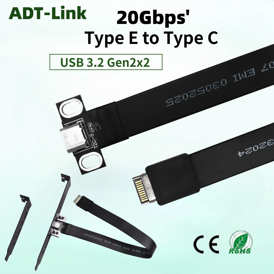 20Gbps USB3.2 Gen2x2 USB-C Flat Cable, Motherboard USB 20Pin Type-E To Type-C Extension Adapter W Full-Profile PCIe Bracket 0.6M
