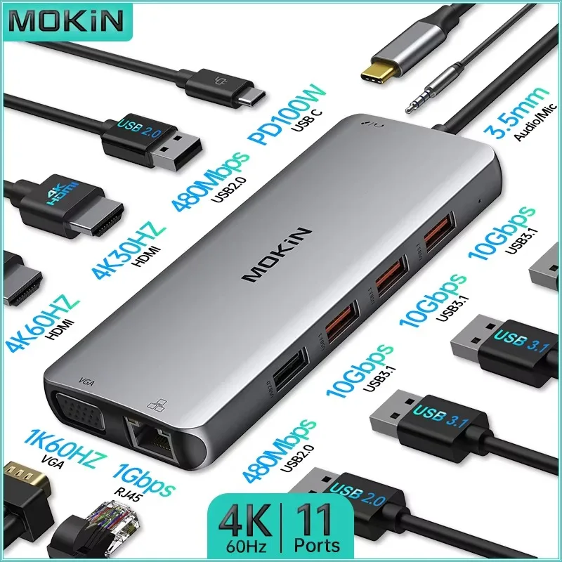 MOKiN 11 in 1 USB C HUB Docking Station 4K 60Hz 2 HDMI VGA USB 3.1 RJ45 PD 100W for MacBook Air/Pro iPad M1/M2 Laptop