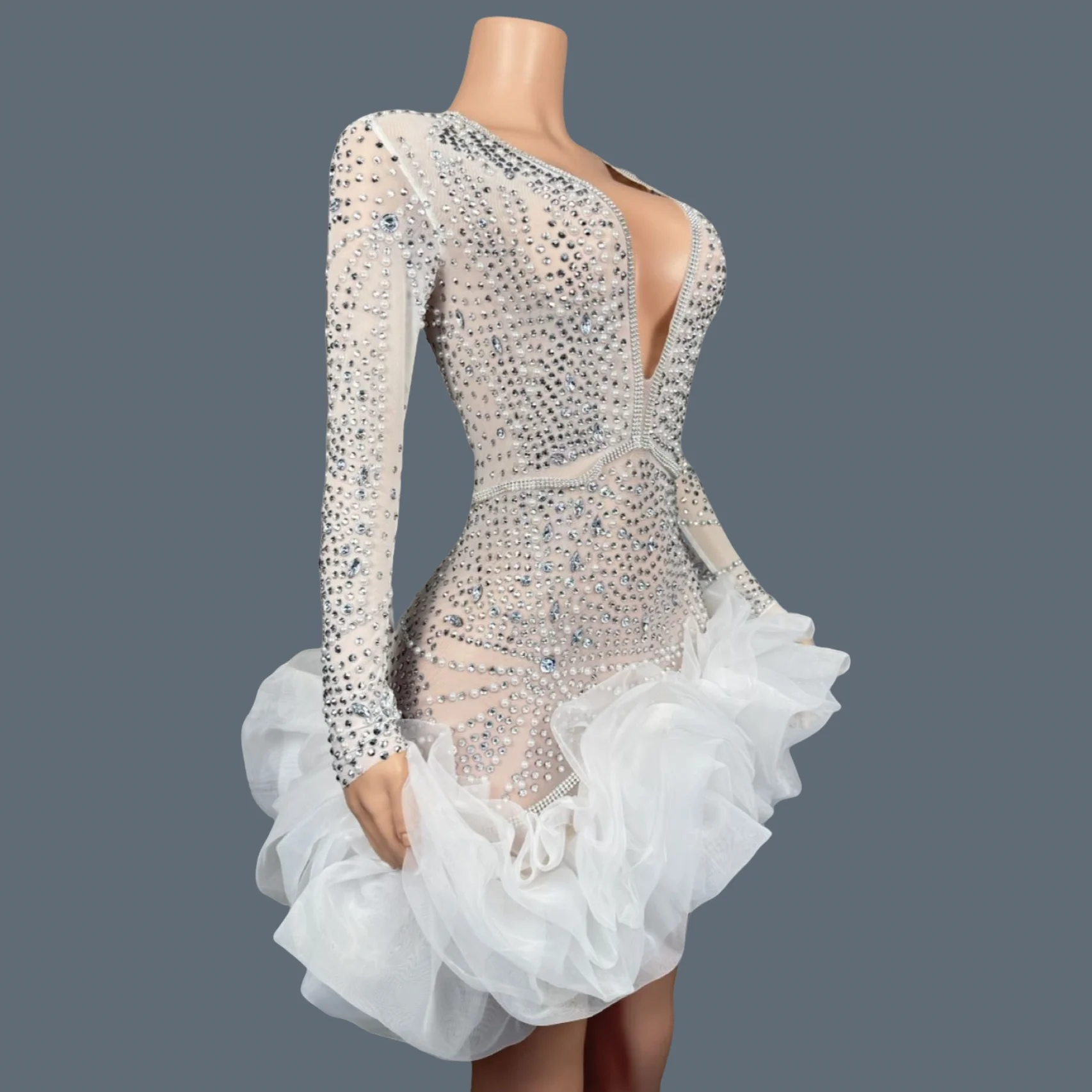 

Sparkly Rhinestone White Pearls High-end Short Dress Sexy Women Deep V Neck tutu Mini Dress Nightclub Party Dress-up Outfit Babi