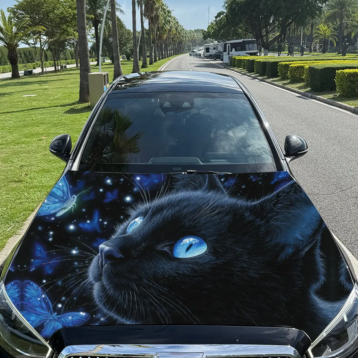 

Alluring Black Cat and Blue Butterflies Car Vinyl Wrap, PVC Material Waterproof Car Hood Sticker, Self-Adhesive Scratch-Resistan