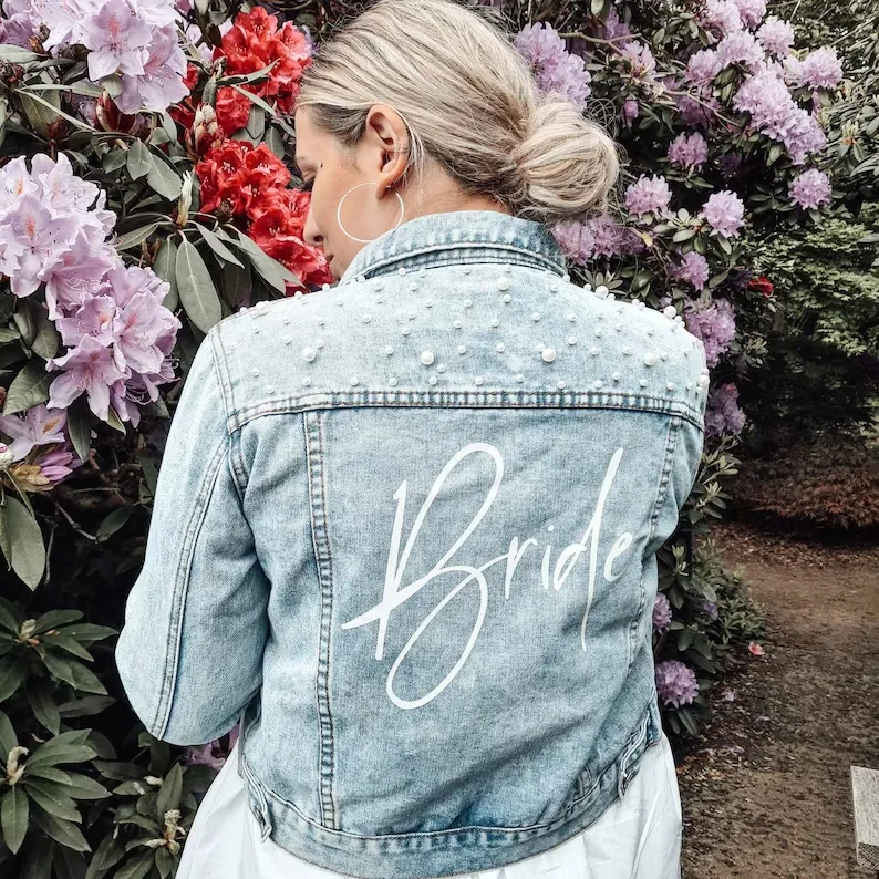 Pearl Bride Denim Jacket Custom Mrs Bachelorette Hen Party Gift Personalized Jean Jackets For Wedding Women Bridesmaid Coats