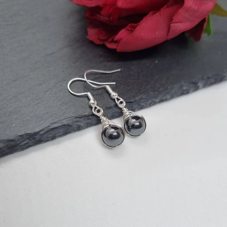 Hematite Earrings, Wire Wrapped Earrings