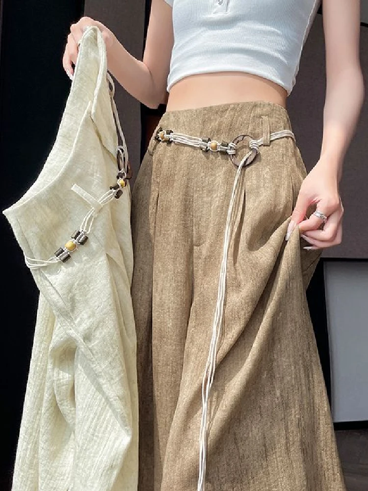 

Vintage tie dye linen wide leg pants summer high waisted loose and lazy style thin cotton and linen drape floor length pants