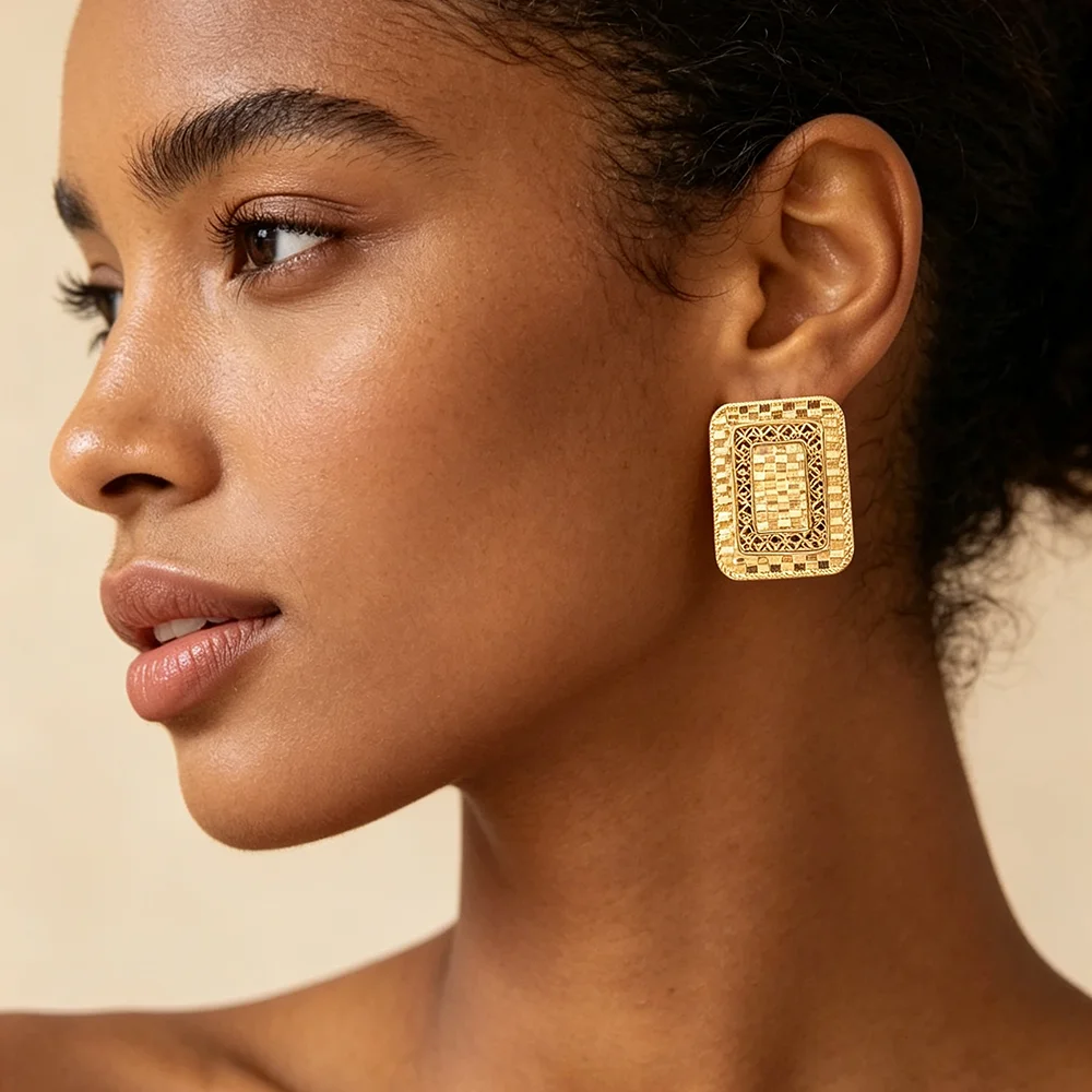 18K vergoldetes quadratisches Gitter-Ohrring- und Ring-Set für Damen, luxuriöses Hochzeits- und Brautparty-Accessoire, Geschenk – Detail 5