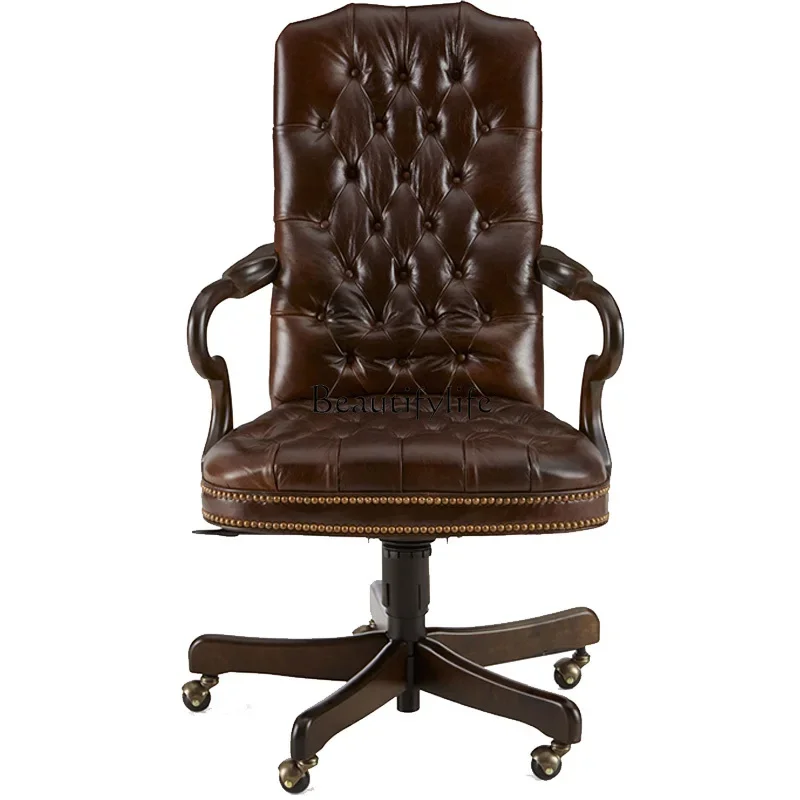 

FG44American Retro Distressed Solid Wood Rotatable Office Study Chair Full Cowhide Lifting Executive Chair