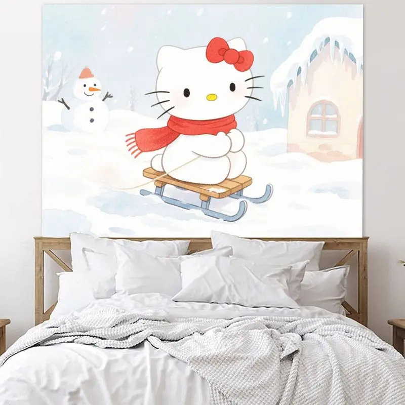 1 Buah Permadani Kereta Luncur Musim Dingin Hello Kitty Lucu Seni Dinding Poliester Nyaman Sempurna untuk Kamar Anak-anak Dekorasi Ruang Tamu Hadiah untuk Pecinta Kucing