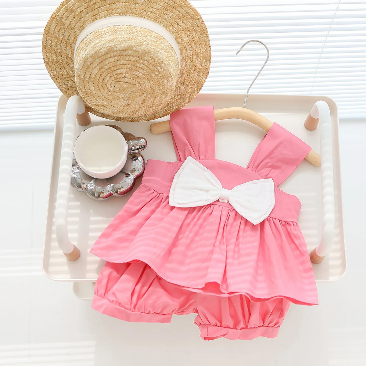 Summer Baby Set Girl Bow Strap Top Shorts Solid Color 2/Piece Set Children'S Casual Cute Comfortable Clothes