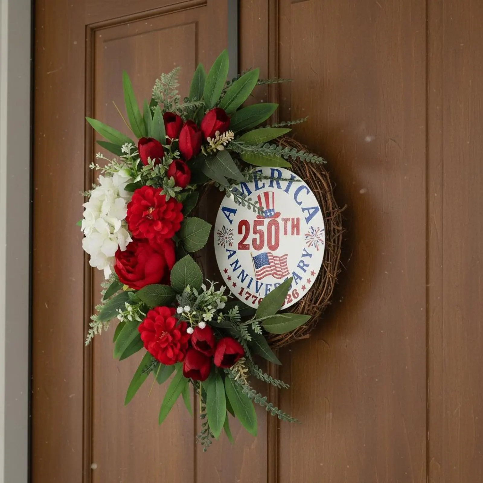 

250th Anniversary Wall Decor Easy to Hang Independence Day Door Plaque Patriotic Door Hanger Rustic Round Wood Sign