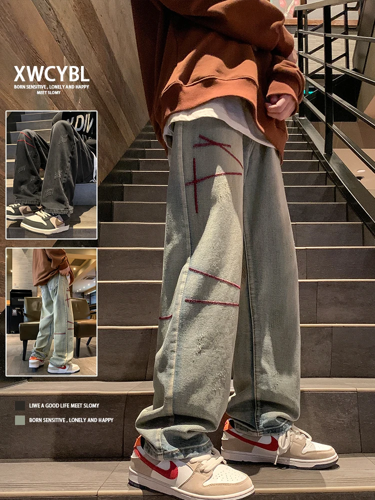 Men's Fleece Lined Denim Jeans Loose Wide Leg Straight Cut Retro American Style Winter Thickened Long Trousers for Teens