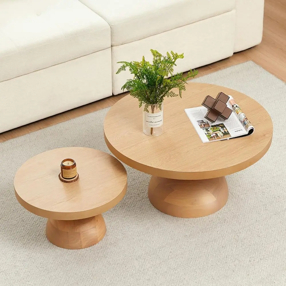 

Mid Century Modern Nesting Coffee Tables Set, 2-Piece Round Oak Accent Tables with Semi-Circular Legs for Small Spaces