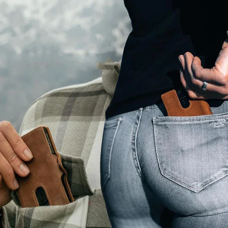 Auto Push Card Bag Mini Wallet Anti Magnetic Card Bag Genuine Leather Leather Wallet Men's Card Clip Three in One Wallet