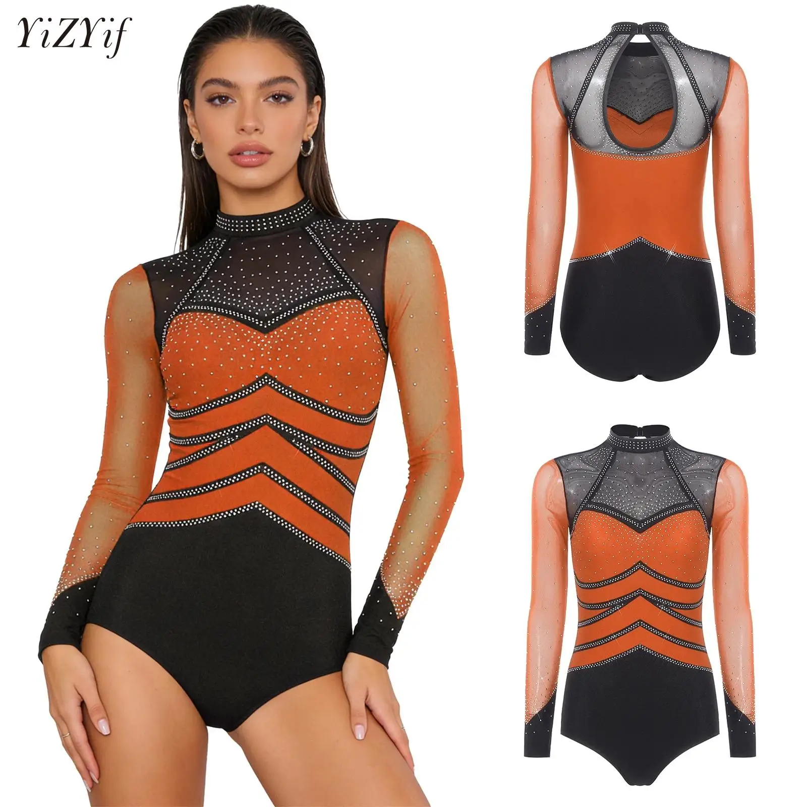

Women Figure Skating Costume Gymnastics Rhinestone Jersey Ballet Dance Bodysuit Mesh Long Sleeve Button Crotch Rompers Jumpsuit