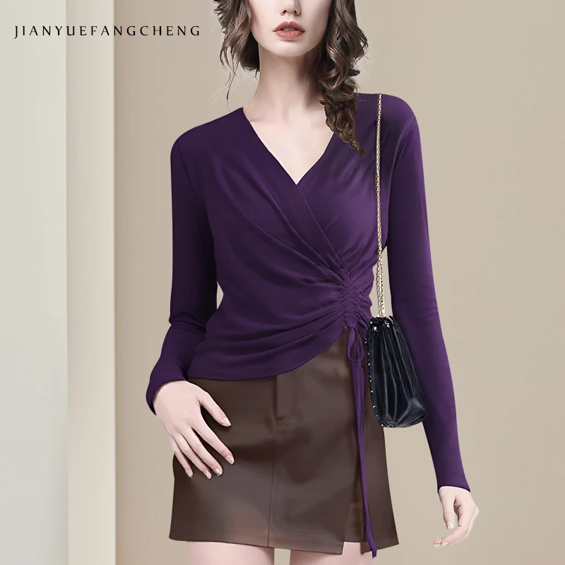 

Sexy Skinny Women Long Sleeve V-Neck Purple Lace-up Top Asymmetrical Drawstring Stretching Knitted Close-fit Shirt