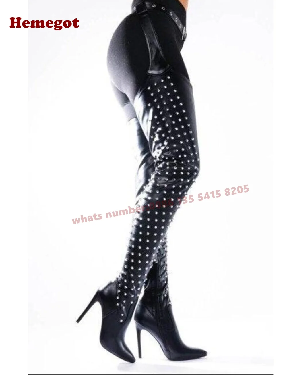 Studded Splicing Long Boots Pointy Toe Stiletto Heels Women's Over The Knee Boots Side Zipper Belt Buckled Casual Shoes Elegant