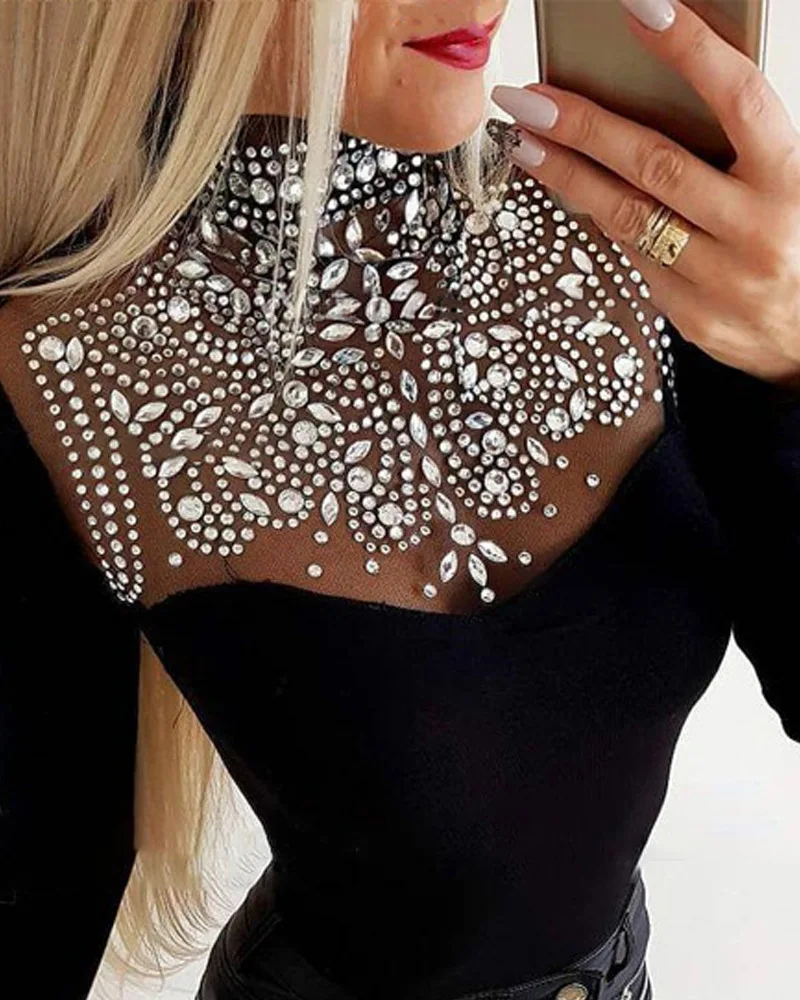 Sexy Rhinestone Decor Tee Women Tops See Through Contrast Mesh Long Sleeve Top Black Vintage T-Shirts Female y2k Clothes