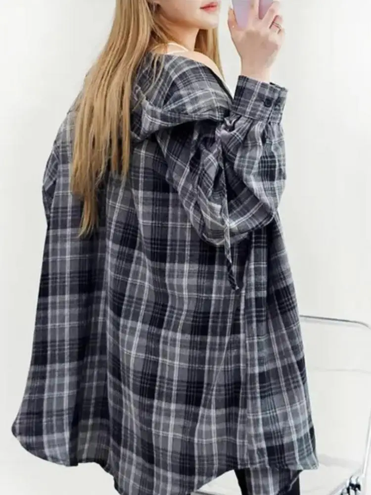 

Korean Women Black Green Khaki Plaid Patchwork Hooded Single Breasted Shirt Long Sleeve Elegant Blouse Vintage Spring Summer Top