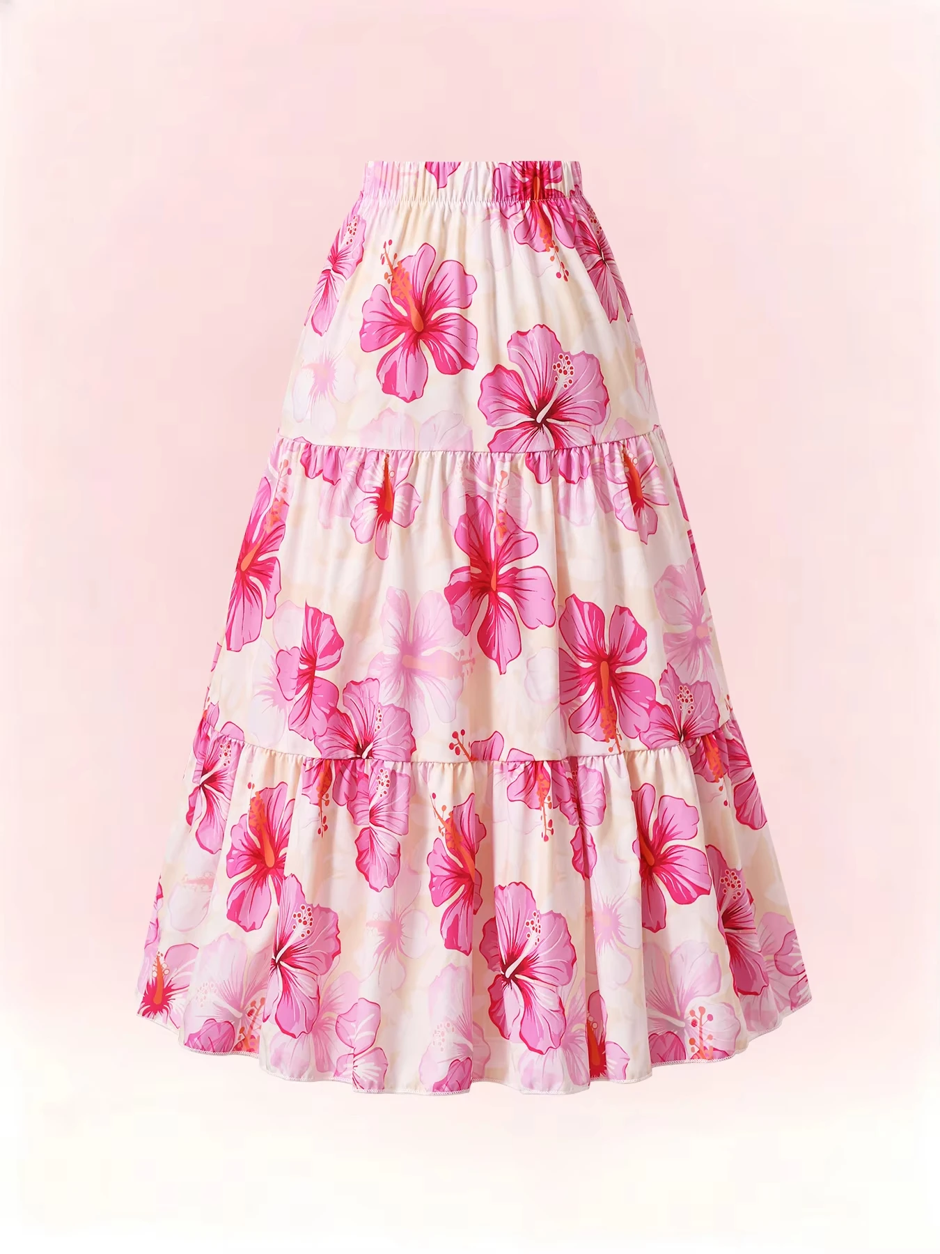 Women Tropical Hibiscus Print Tiered Cake Maxi Skirt Elastic Waist Ruffle Flowy Long Skirt Summer Beach Vacation A-Line Skirts