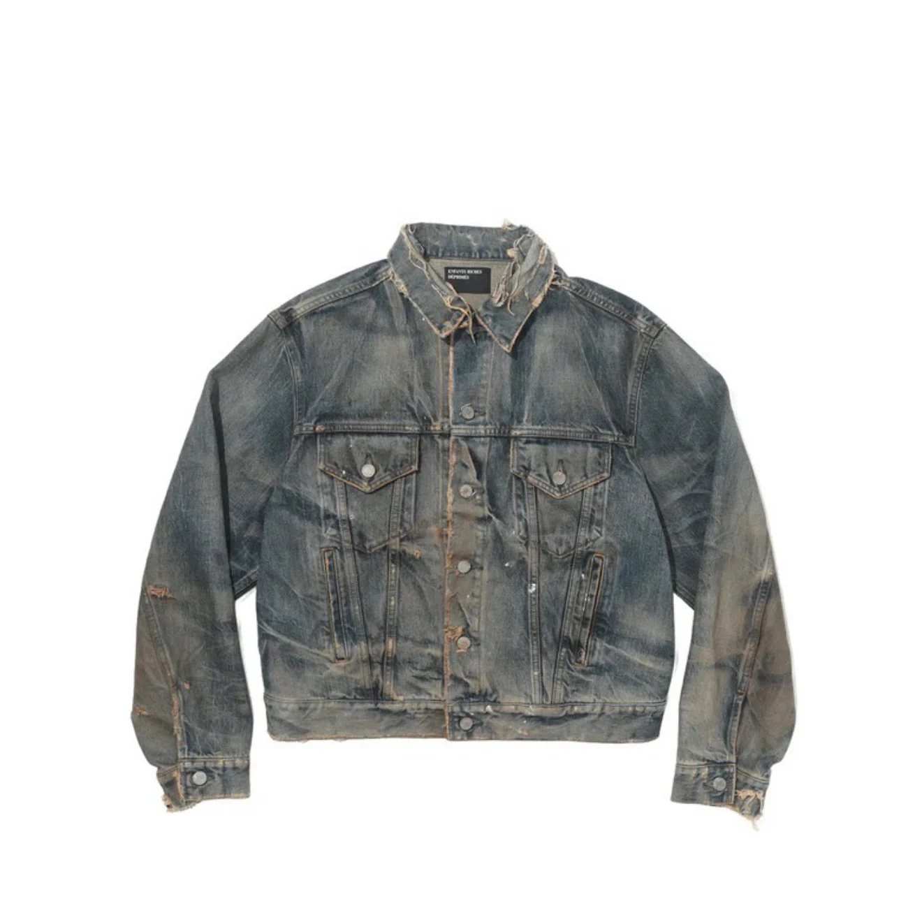 New Heavy Destroyed Frayed Collar Denim Trucker Jacket Men Retro Antique Wash Distressed Jean Outerwear