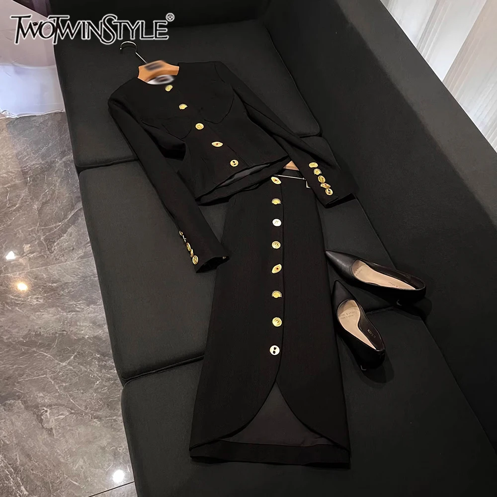 

TWOTWINSTYLE French Style Elegant Two Piece Sets For Women Round Neck Long Sleeve Top High Waist Skirt Cute Set Female KSE542539