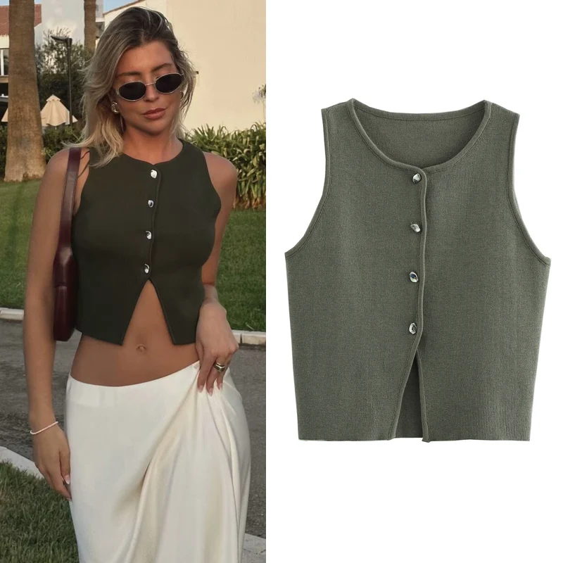 HXAO Rhinestones Button Vests Women's Vest Crop Knit Top Women O-Neck Sleeveless Short Sweater New In Knitwear Eleagnt Waistcoat