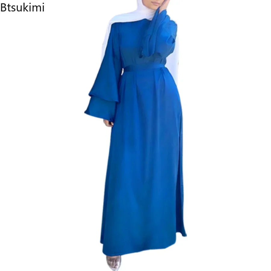 New 2024 Women's Elegant Muslim Long Dress Solid Double Layered Flared Sleeve Robe Dress Femme Musulm Vestidane Islamic Clothing