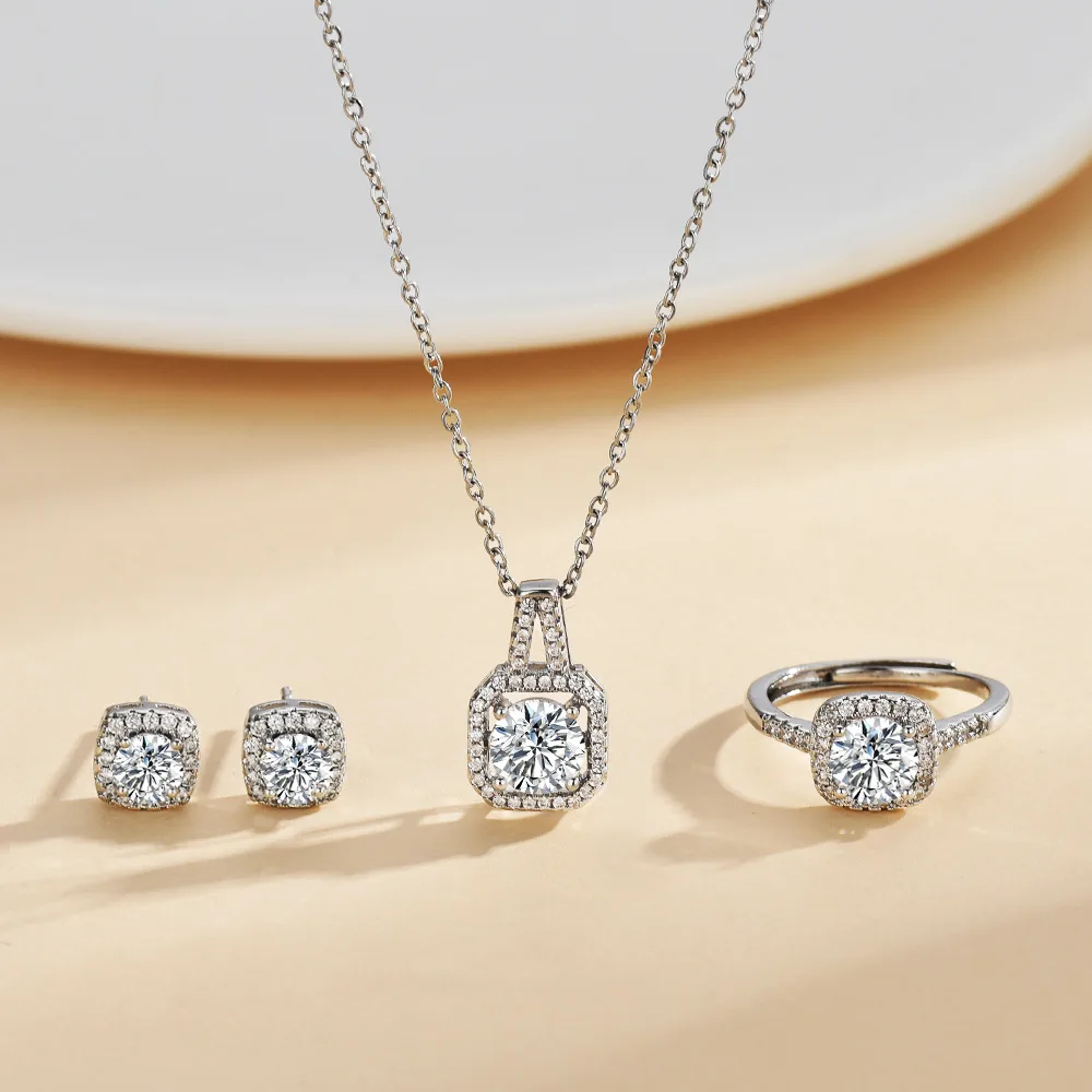 

Luxurious Moissanite set, personalized goddess, high-end ring, necklace, stud and accessory three-piece set MJZ-117