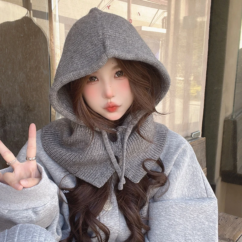 Fashion Knitted Wool Hooded Wearable Blanket Ladies Collar Set Of Warm Baseball Cap Solid Color One-piece Pullover Hat