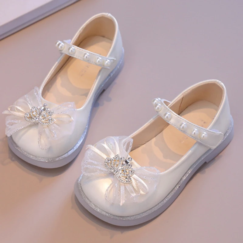 Girls Princess Leather Shoes 2024 New Elegant Sweet Kids Ballet Flat Shoes for Wedding Lace Bowknot Children Dress Single Shoes