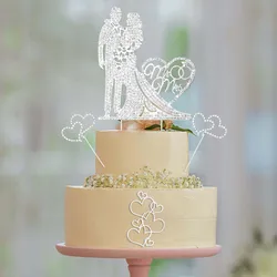 Silver Rhinestone Metal Love Wedding Cake Topper Mr and Mrs Cake Topper Anniversary Cake Topper Heart Cake Topper for Wedding