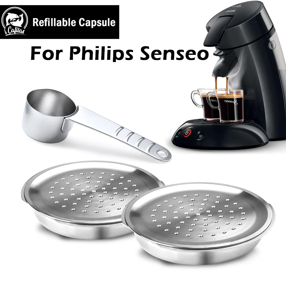 Stainless Steel Coffee Capsule Reusable Coffee Machine Filter Suitable for Senseo System Philips Espresso Crema Maker with Spoon