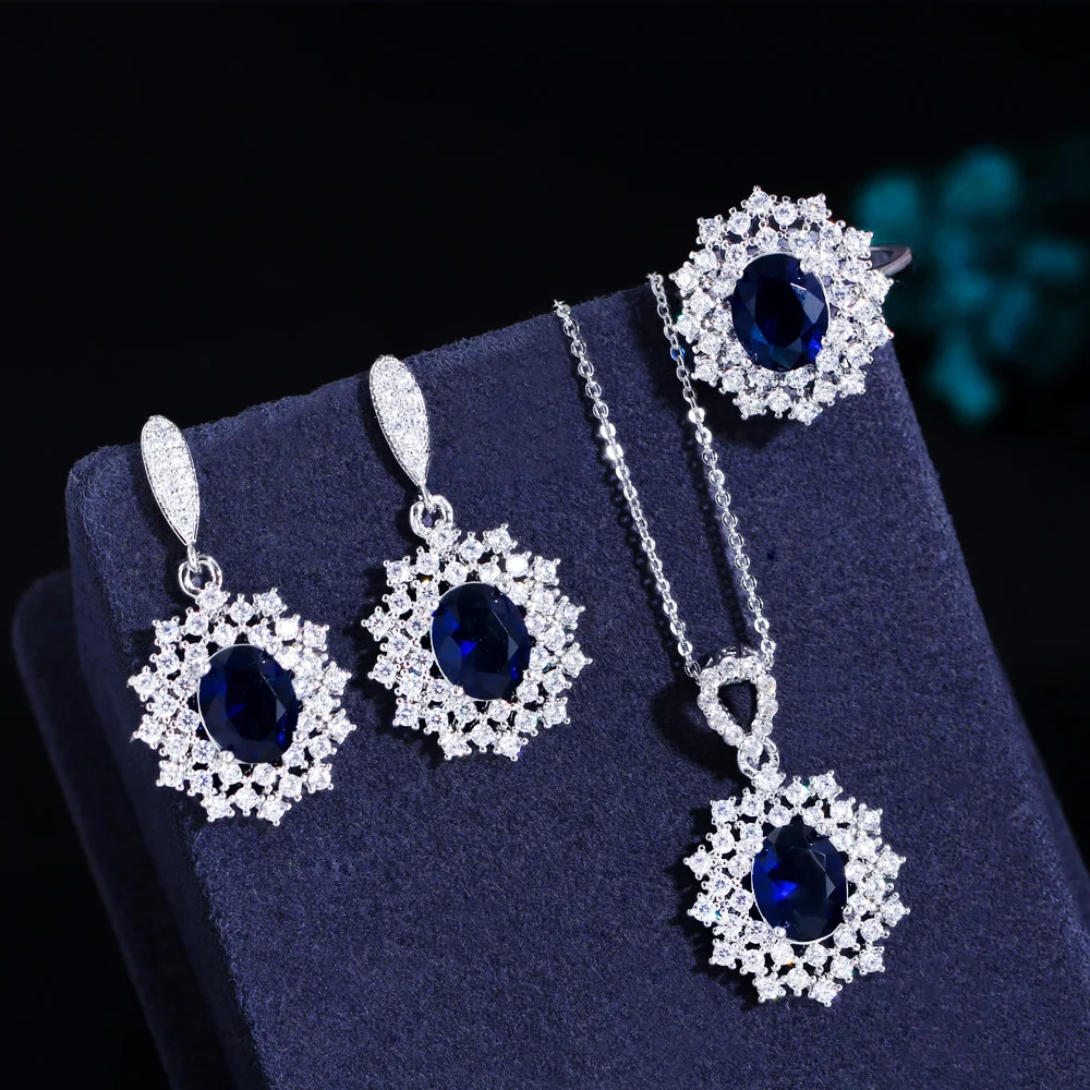 CWWZircons 3 pcs Gorgeous Rose Red Cubic Zirconia Crystal Silver Plated Flower Drop Earring Necklace Jewelry Sets for Women T618 image 5