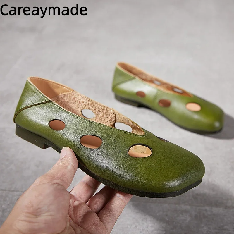 Careaymade-Spring Genuine Leather Hollow Women's Shoes Round Head Breathable Soft Sole Rubbing Color Soft Leather  Women Shoes