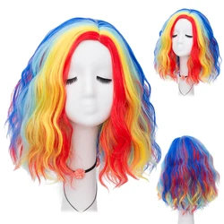 GAKA capelli sintetici ricci corti colore arcobaleno misto capelli finti viola-blu con parrucca Bob evidenziazione rossa bionda da donna