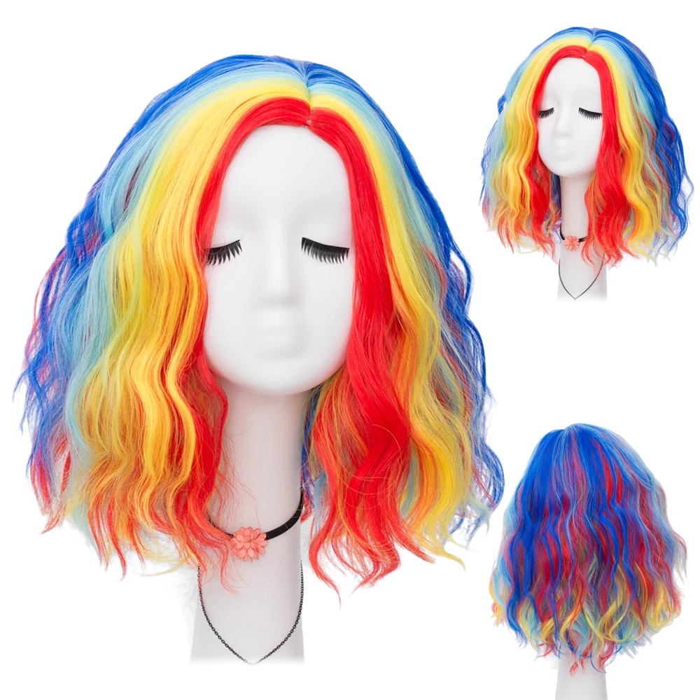 GAKA Synthetic Hair Short Curls Mixed Rainbow Color Fake Hair Purple-Blue With Blonde Red Highlight Bob Wig Ladies