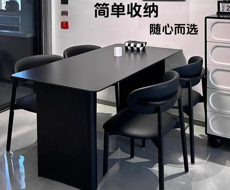 Minimalist black matte rock slab dining table and chair combination small apartment light luxury home rental house rectangular