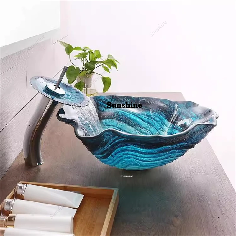 Art Above Counter Washbasin Blue Tempered Glass Bathroom Sinks Creative Bathroom Accessories Nordic Home Toilet Shell Sink Basin