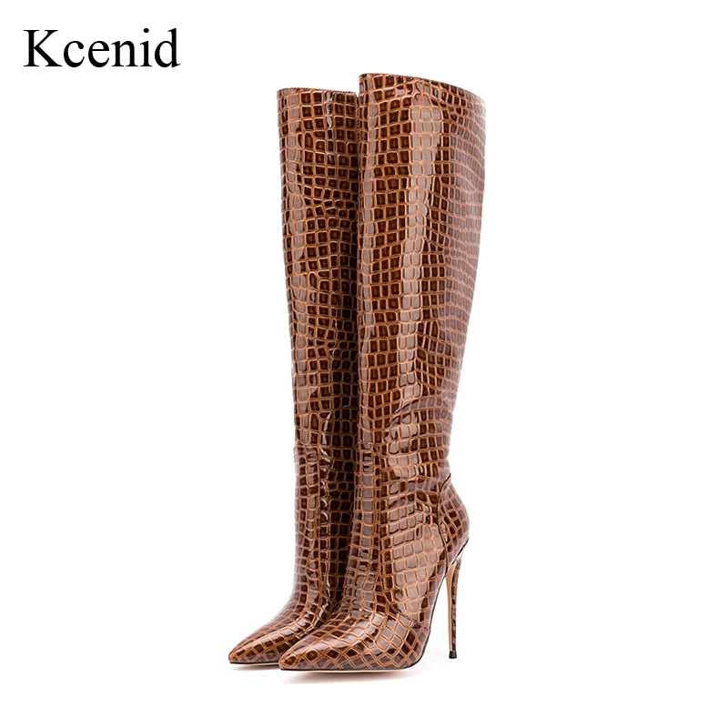 

Kcenid New Solid Stone Pattern Pointed Toe Winter Boots For Female Thin High Heel Knee-high Boots Handmade Elegant Shoes Women