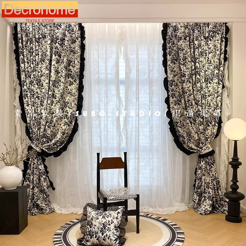 

French Retro Black and White Jacquard Wood Ear Edge Splicing Blackout Curtains for Living Room Bedroom Window French Window