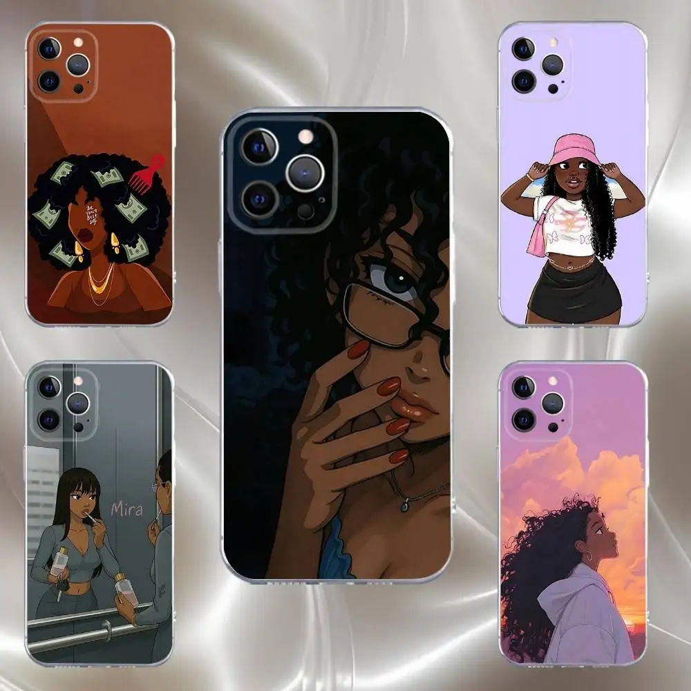 

Afro Black Girl Phone Case For iPhone 16,15,14,13,12,11 Pro,Max,Plus,X,XS,XR,SE,Mini Transparent Silicone Soft