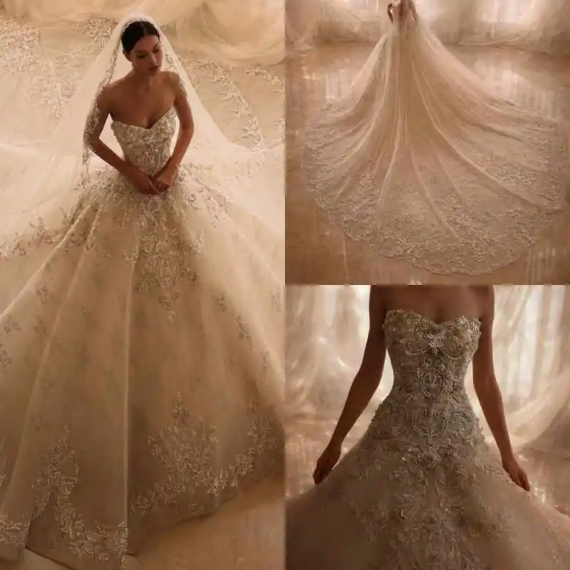 Luxury Wedding Dresses Ball Gown Chiffon Embroider lace Strapless Appliques Floor-Length Princess Dress Bridal Gowns Customized