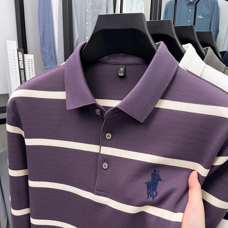 قماش مخطط شعار الحصان الشعبي المطرز للرجال بأكمام طويلة تي شيرت الخريف تنوعا الأعمال قاعدة طية صدر السترة قميص بولو #6