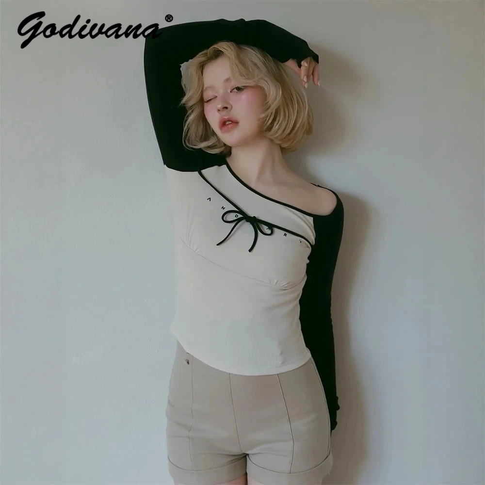 T-shirt a maniche lunghe abbinate ai colori casuali femminili in stile giapponese nuovo autunno Camicie corte da donna elastiche con lacci