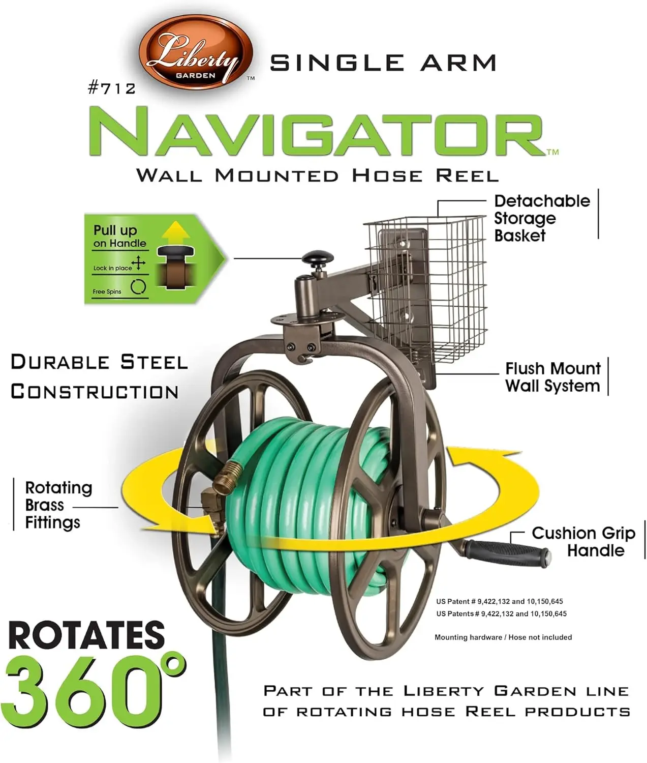 Liberty GARDEN 712 Single Arm Navigator Multi-Directional Garden Hose Reel, Holds 125-Feet of, 5/8-Inch, Bronze