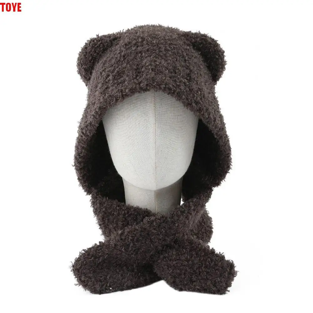 

Fashion Warm Plush Bear Ear Hat Velvet Cap Cute Beanies Cartoon Windproof Hat Scarf Integrated Streetwear