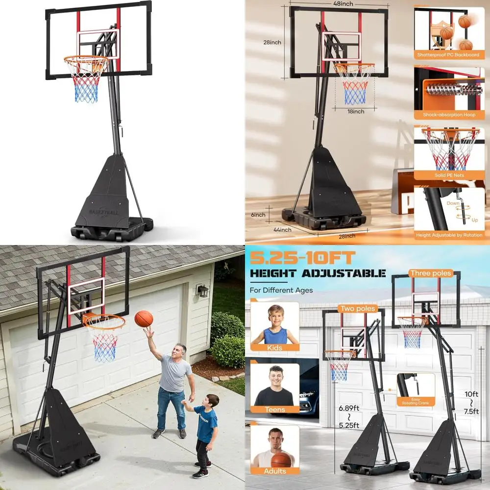 Aro de baloncesto portátil para exteriores de 10 pies con altura ajustable, tablero trasero de 44-48 pulgadas, continuo para todas las edades