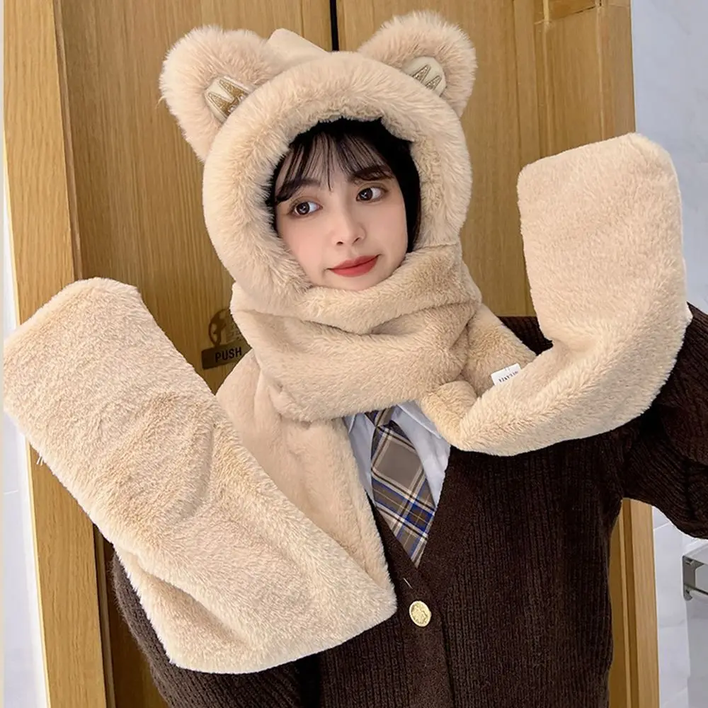 Moda à prova de vento urso orelha chapéu de pelúcia espessamento chapéu de pelúcia cachecol conjunto feminino bonés inverno