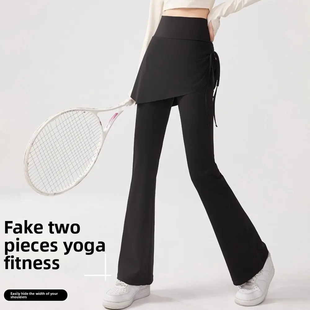 กางเกงเลกกิ้งออกกำลังกายผู้หญิงแบบกระโปรง 2 in 1 ชายบาน กางเกงเลกกิ้งกีฬาเอวสูงรูดเชือก กางเกงโยคะพิลาทิส